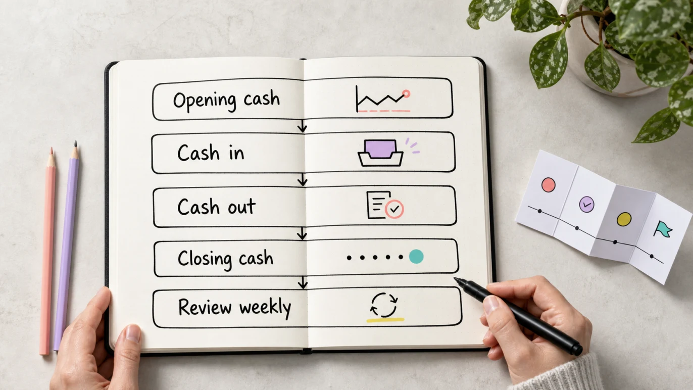 12-week cash budget example showing opening cash, cash in, cash out and weekly review