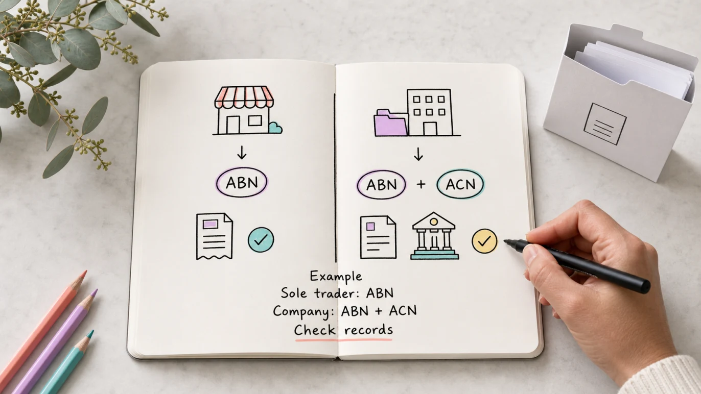 Sole trader and company example showing ABN only versus ABN plus ACN
