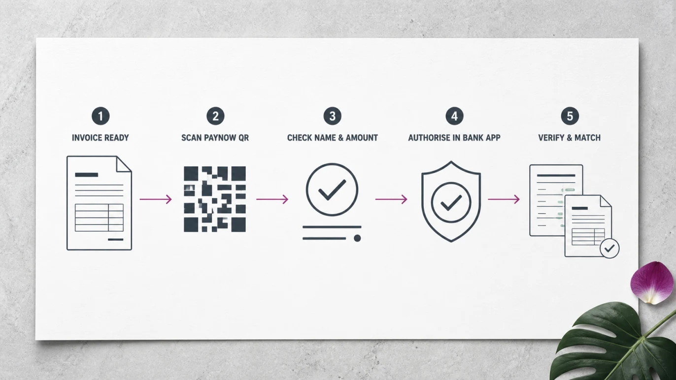 Five-step PayNow invoice workflow from invoice creation to payment verification and matching