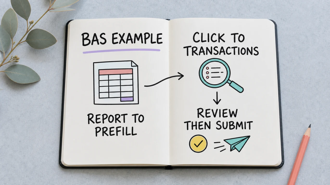 BAS report prefill, transaction drill-down and submission workflow