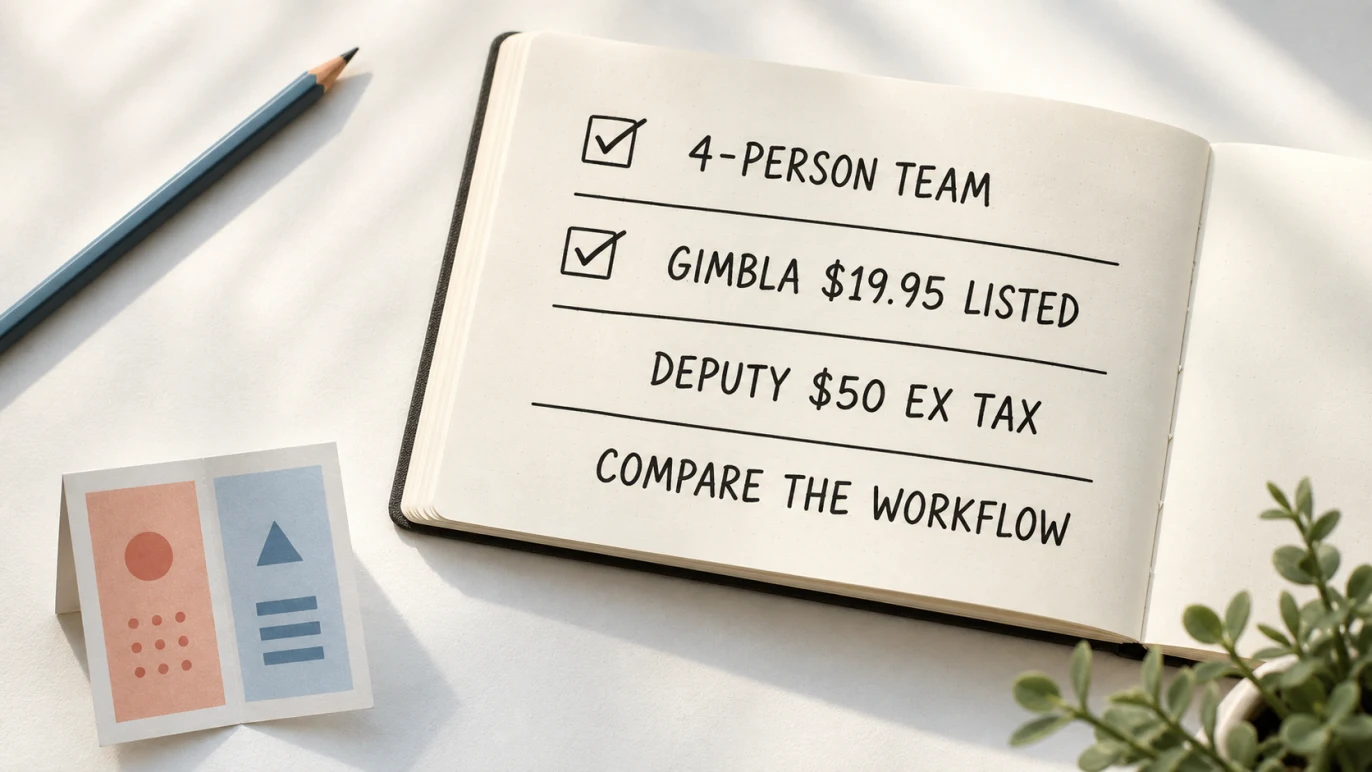 Four-person team comparing Gimbla and Deputy monthly payroll software prices