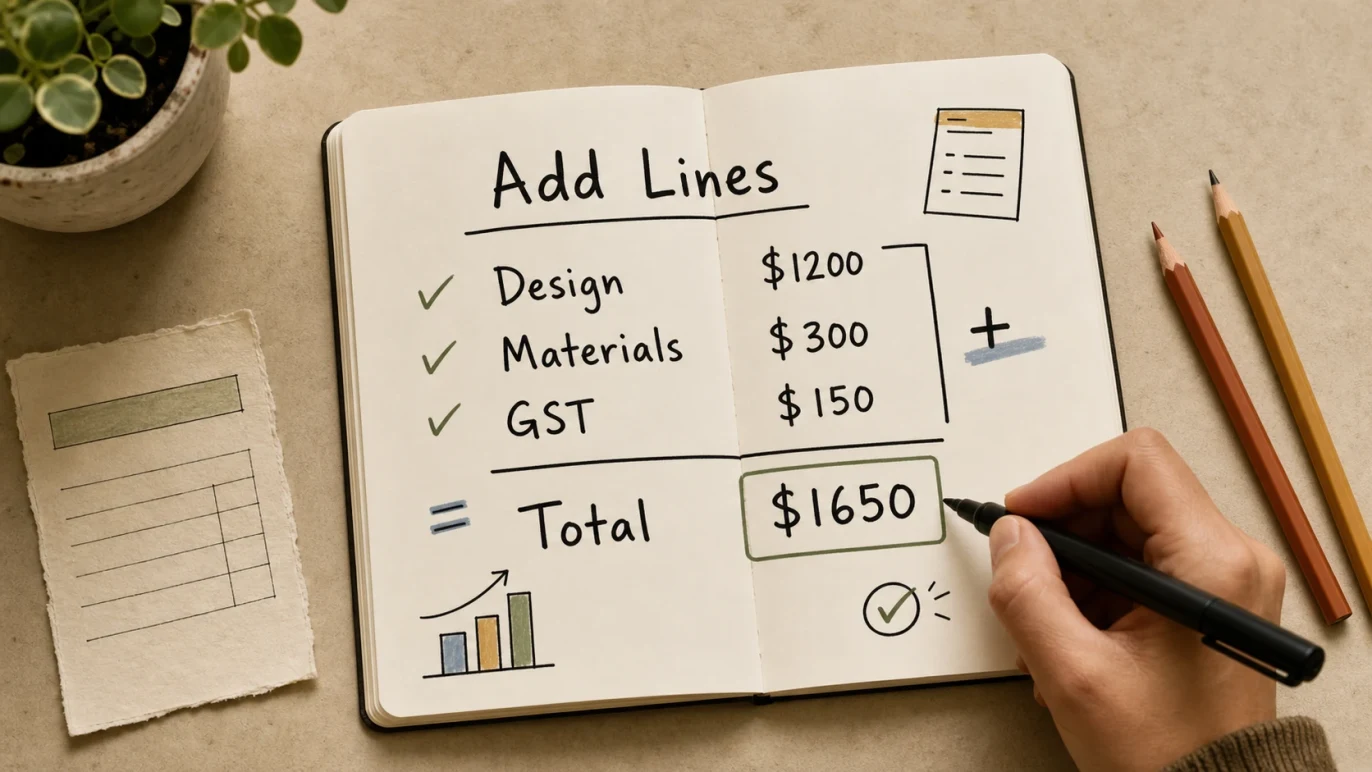 Invoice line items, GST and total amount due example