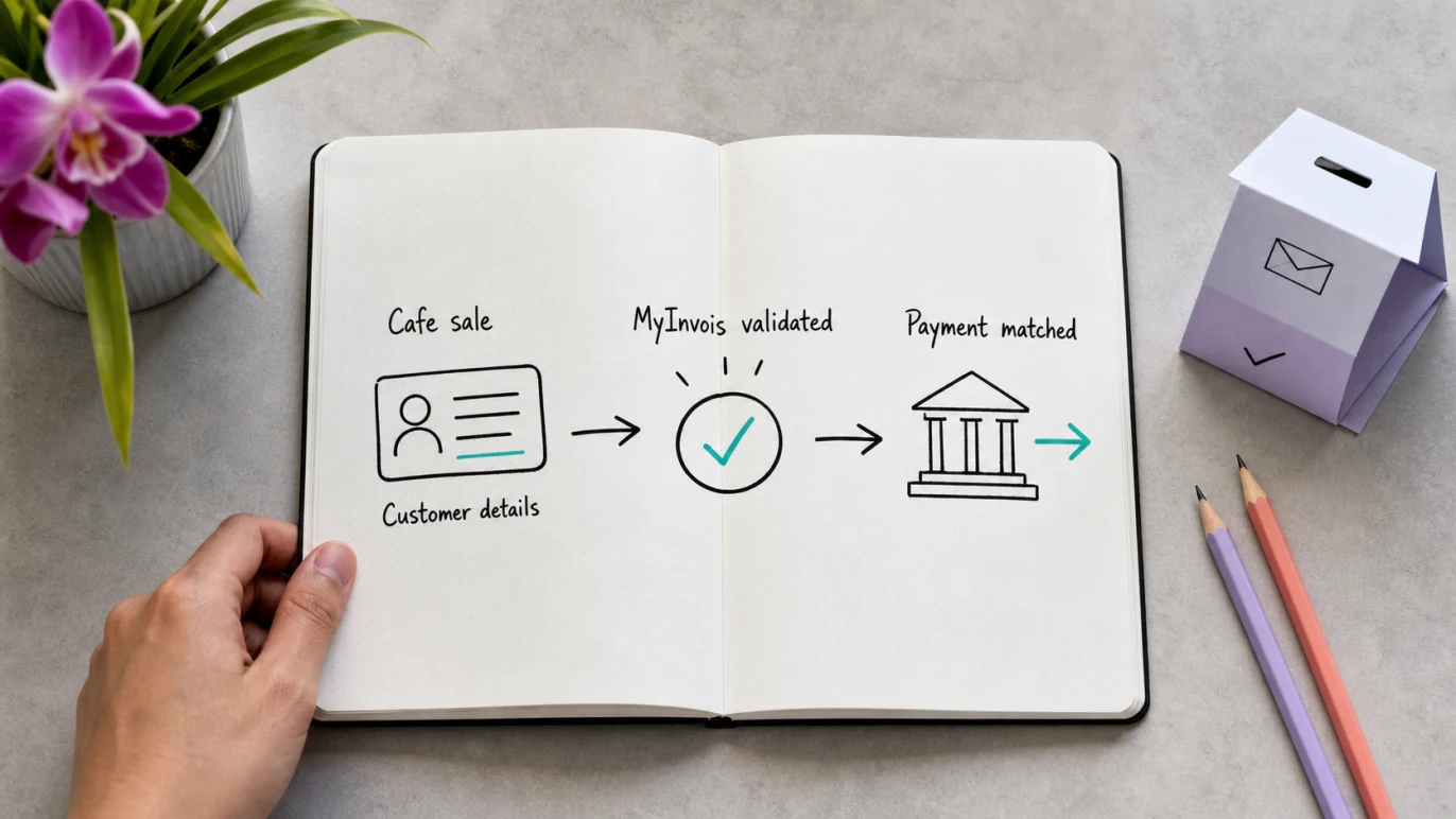 Malaysia e-Invoice cafe example showing customer details, MyInvois validation and payment matching