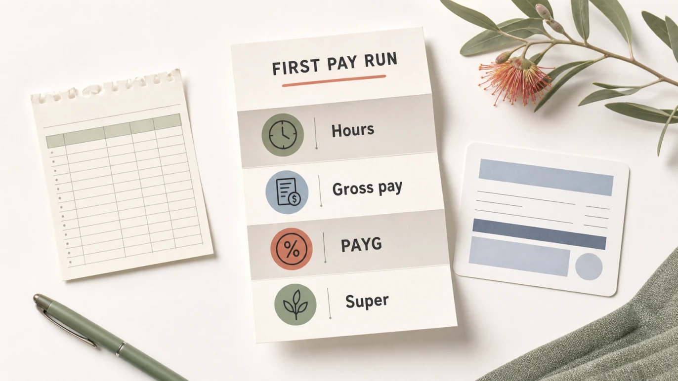 First pay run example showing hours, gross pay, PAYG and super records