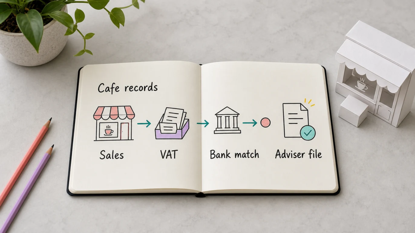 South Africa cafe tax records example showing sales, VAT, bank matching and adviser file