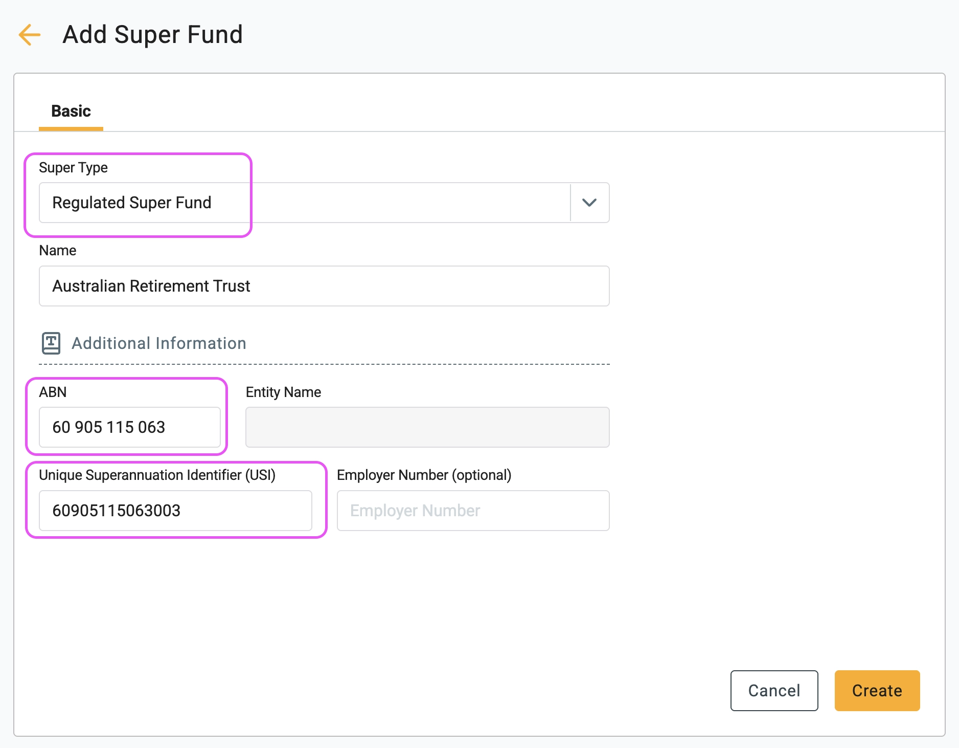 Interface for adding a regulated super fund in Gimbla