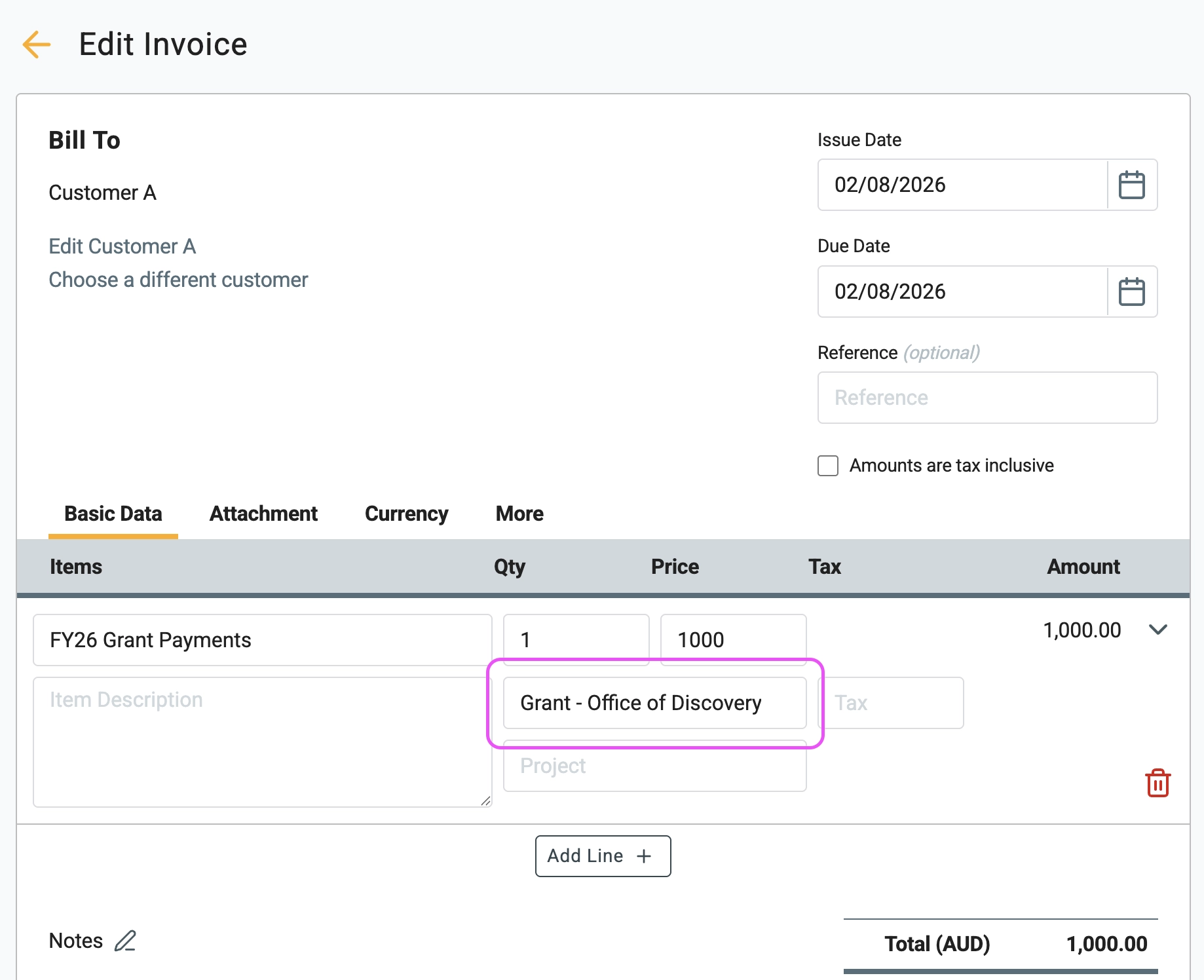Grant invoice coded to the grant liability account