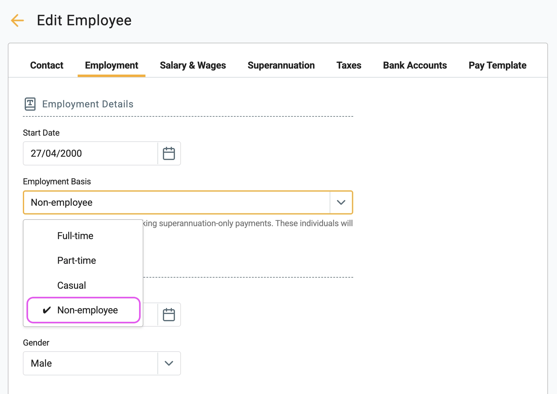 Select Non-employee employment basis in Gimbla