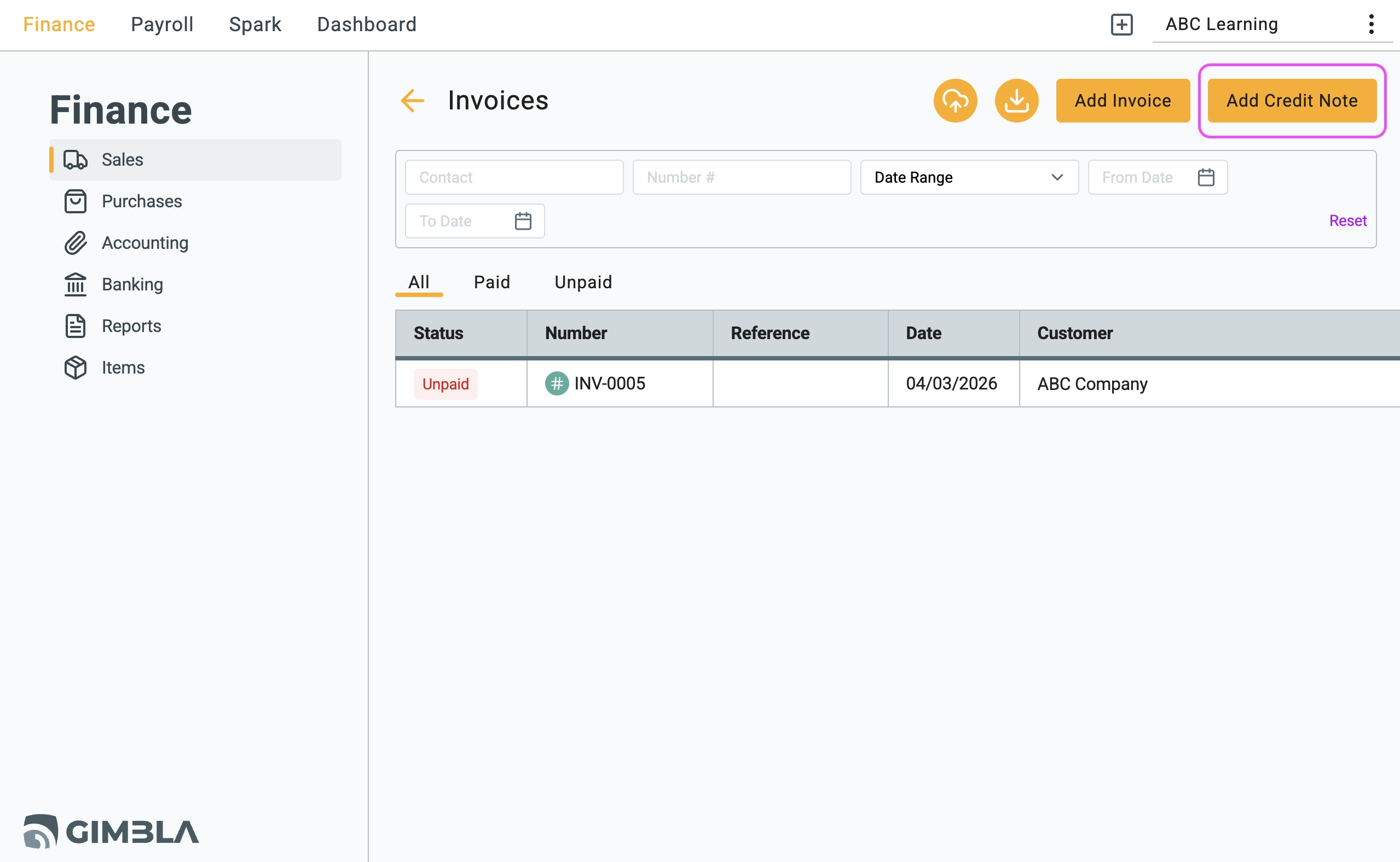 Gimbla Invoices dashboard highlighting the Add Credit Note button