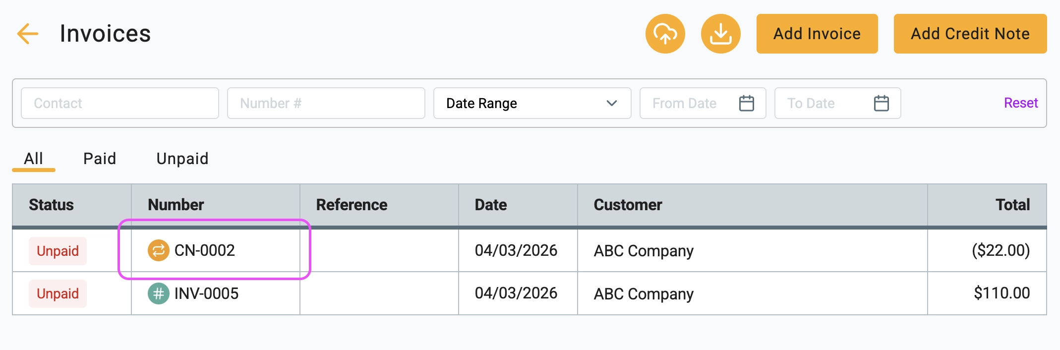 Gimbla invoices list displaying the original unpaid invoice alongside the newly created credit note