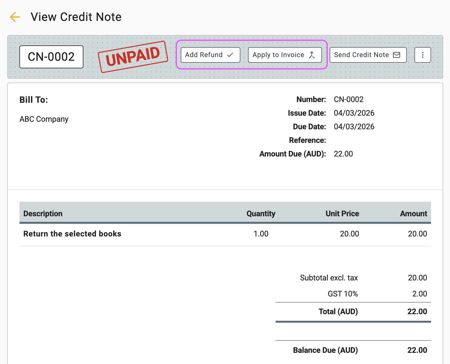View Credit Note screen in Gimbla highlighting the Add Refund and Apply to Invoice buttons