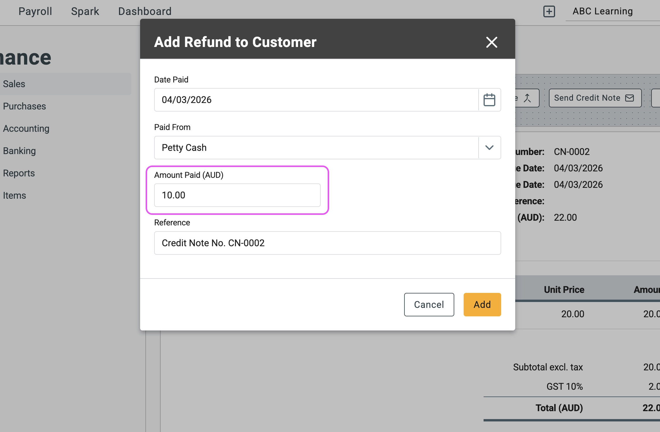 Gimbla Add Refund to Customer pop-up window showing a $10 cash refund entry