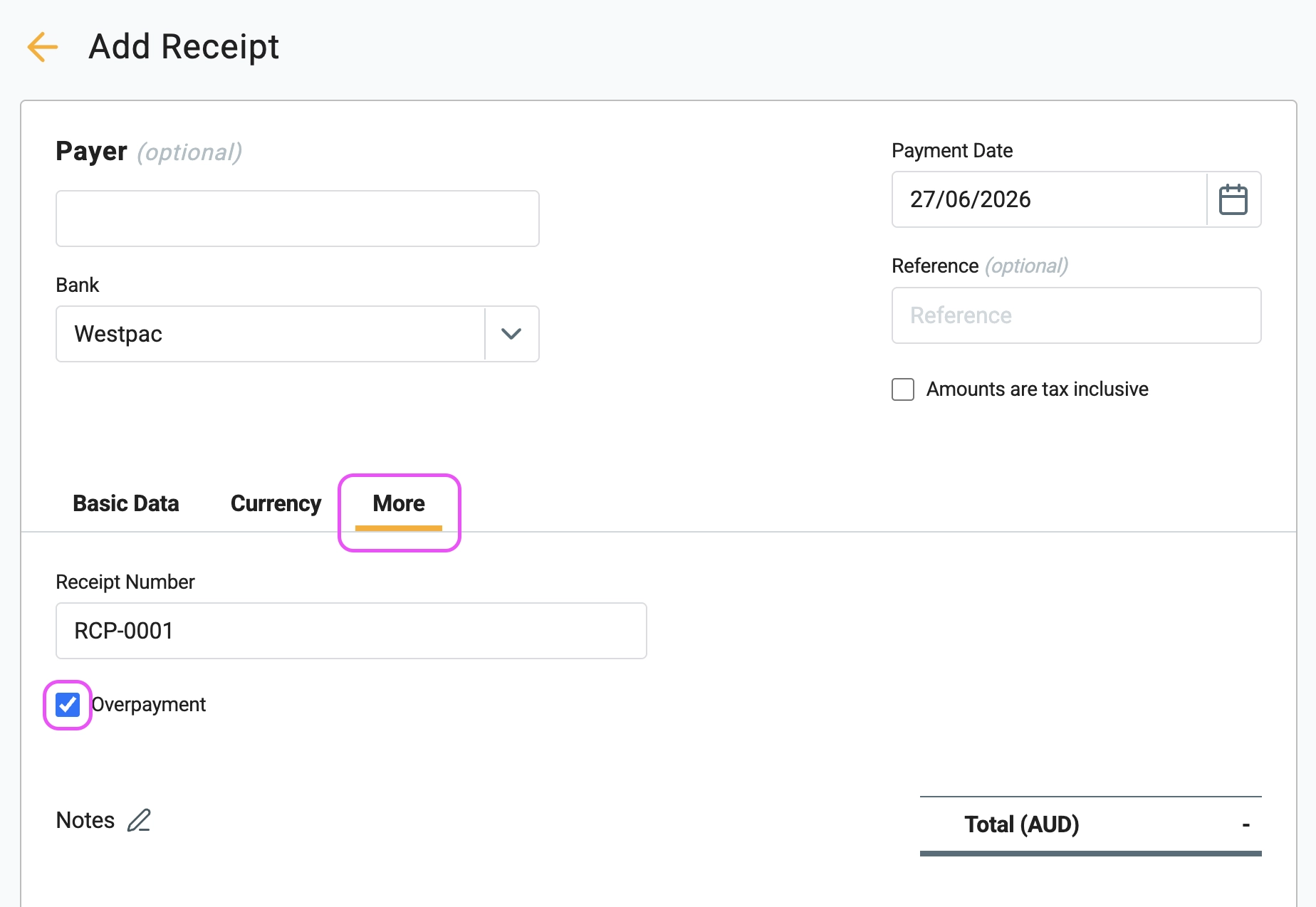 Gimbla tab showing dashed circle around the overpayment checkbox